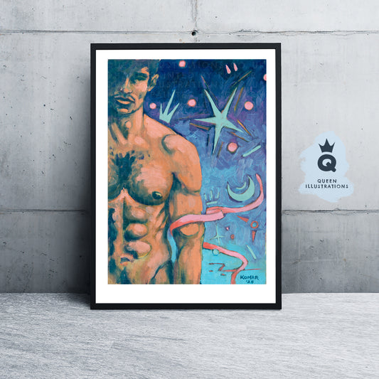 "IN THE NIGHT" oil painting of a young sexy naked man- Homoerotic Art Print