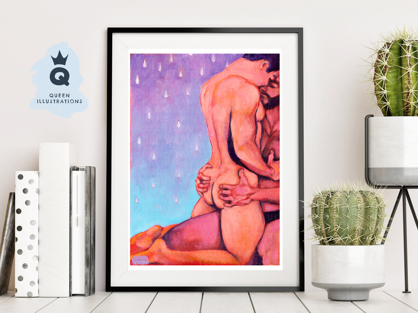 "IN THE RAIN" oil painting of two young sexy naked men hugging in the rain - Homoerotic Art Print