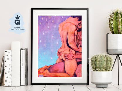 "IN THE RAIN" oil painting of two young sexy naked men hugging in the rain - Homoerotic Art Print