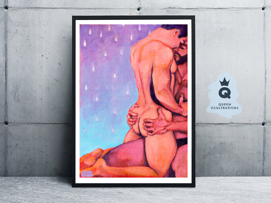 "IN THE RAIN" oil painting of two young sexy naked men hugging in the rain - Homoerotic Art Print