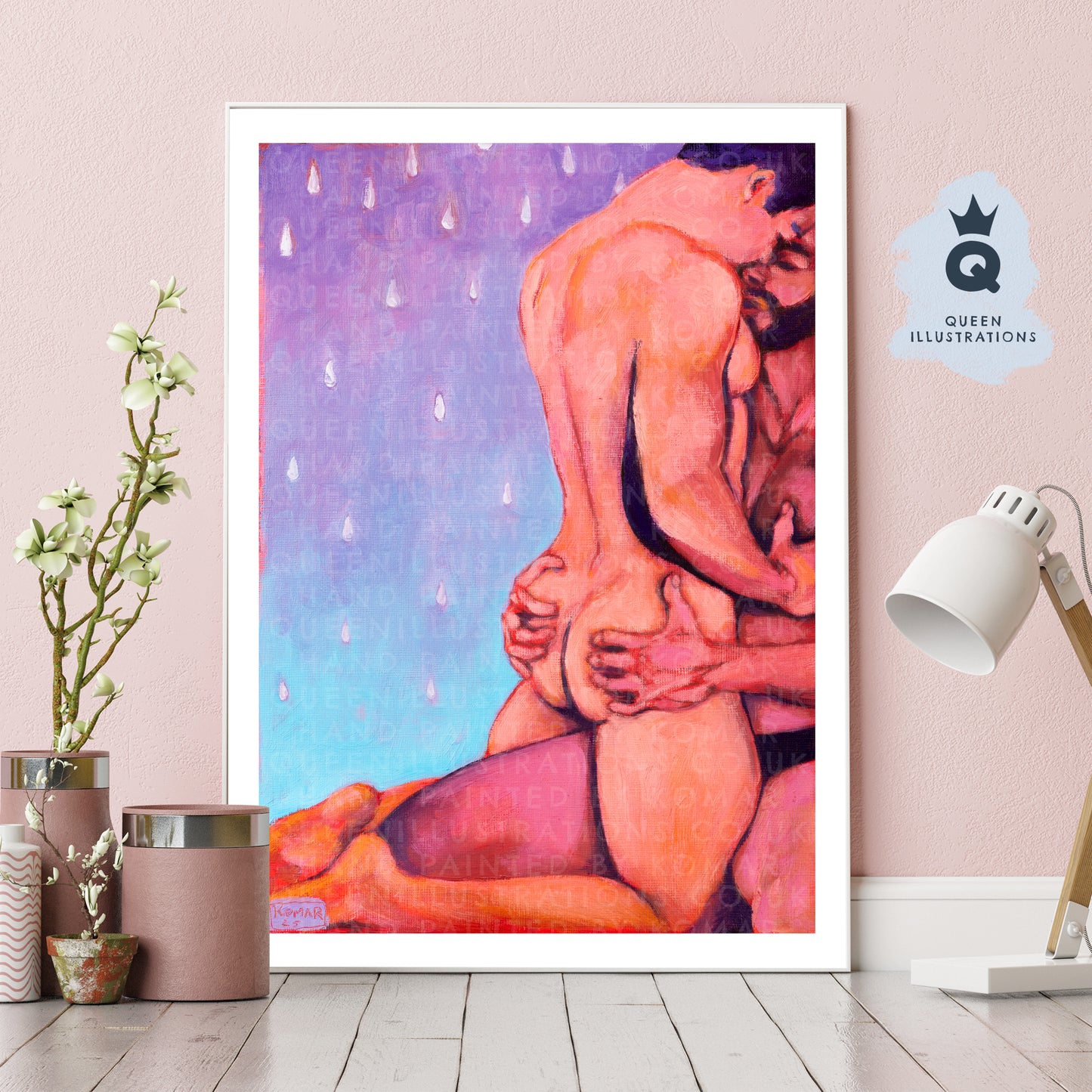 "IN THE RAIN" oil painting of two young sexy naked men hugging in the rain - Homoerotic Art Print