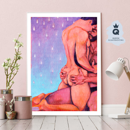 "IN THE RAIN" oil painting of two young sexy naked men hugging in the rain - Homoerotic Art Print
