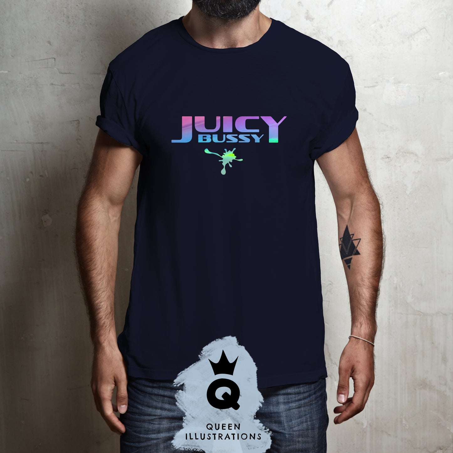 "JUICY BUSSY" in midnight blue, gay T-shirt