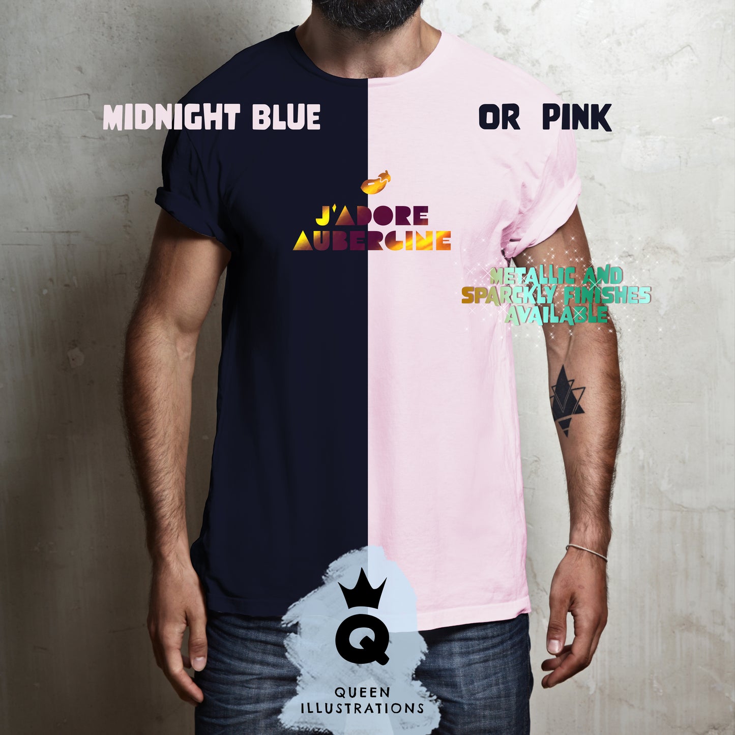 "J`ADORE AUBERGINE" in midnight blue, gay T-shirt