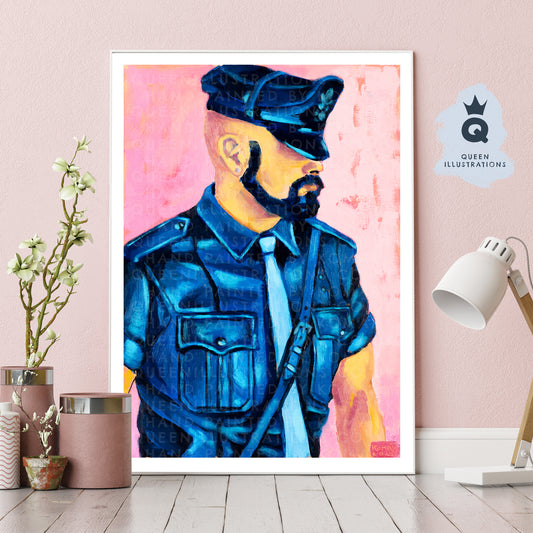 "LE POLICIER" oil painting of a handsome police officer in uniform, - Homoerotic Art Print