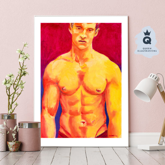 MALIBU SUNSET, contemporary oil painting of a young man - Homoerotic Art Print (Copy) (Copy)