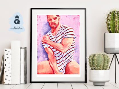 MAN IN A STRIPED T-SHIRT, contemporary oil painting of a young naked man,