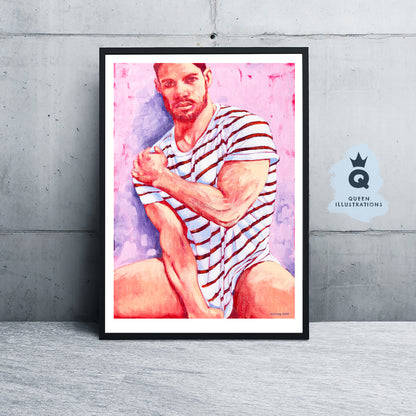MAN IN A STRIPED T-SHIRT, contemporary oil painting of a young naked man,