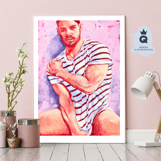 MAN IN A STRIPED T-SHIRT, contemporary oil painting of a young naked man,