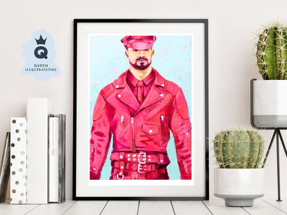 "PINK LEATHER", contemporary oil painting of a man wearing pink leather outfit