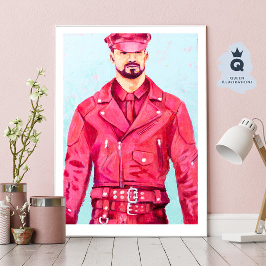 "PINK LEATHER", contemporary oil painting of a man wearing pink leather outfit