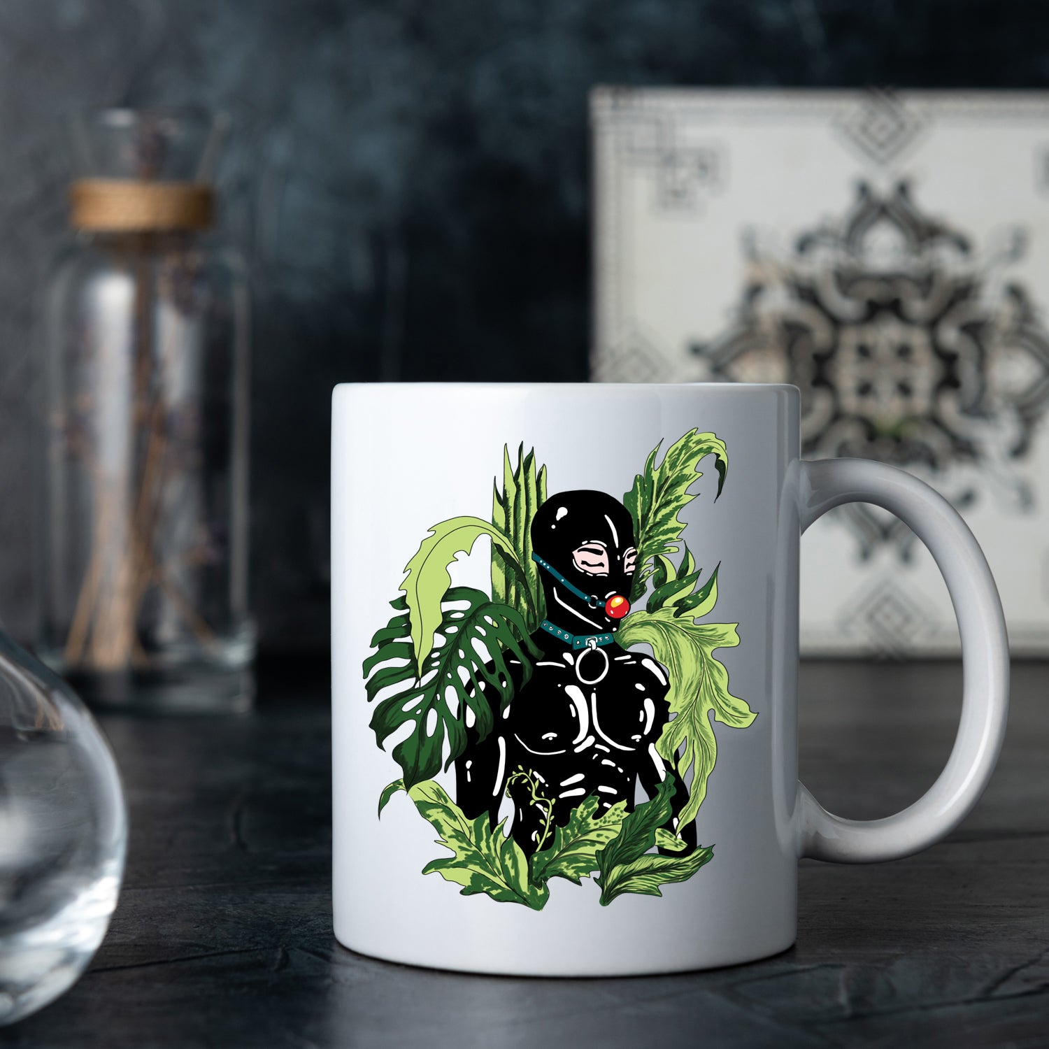 kinky plant lover dressed in latex suit surrounded by plants, sexy gay mug for a plant lover, hot latex fetish mug for a gift