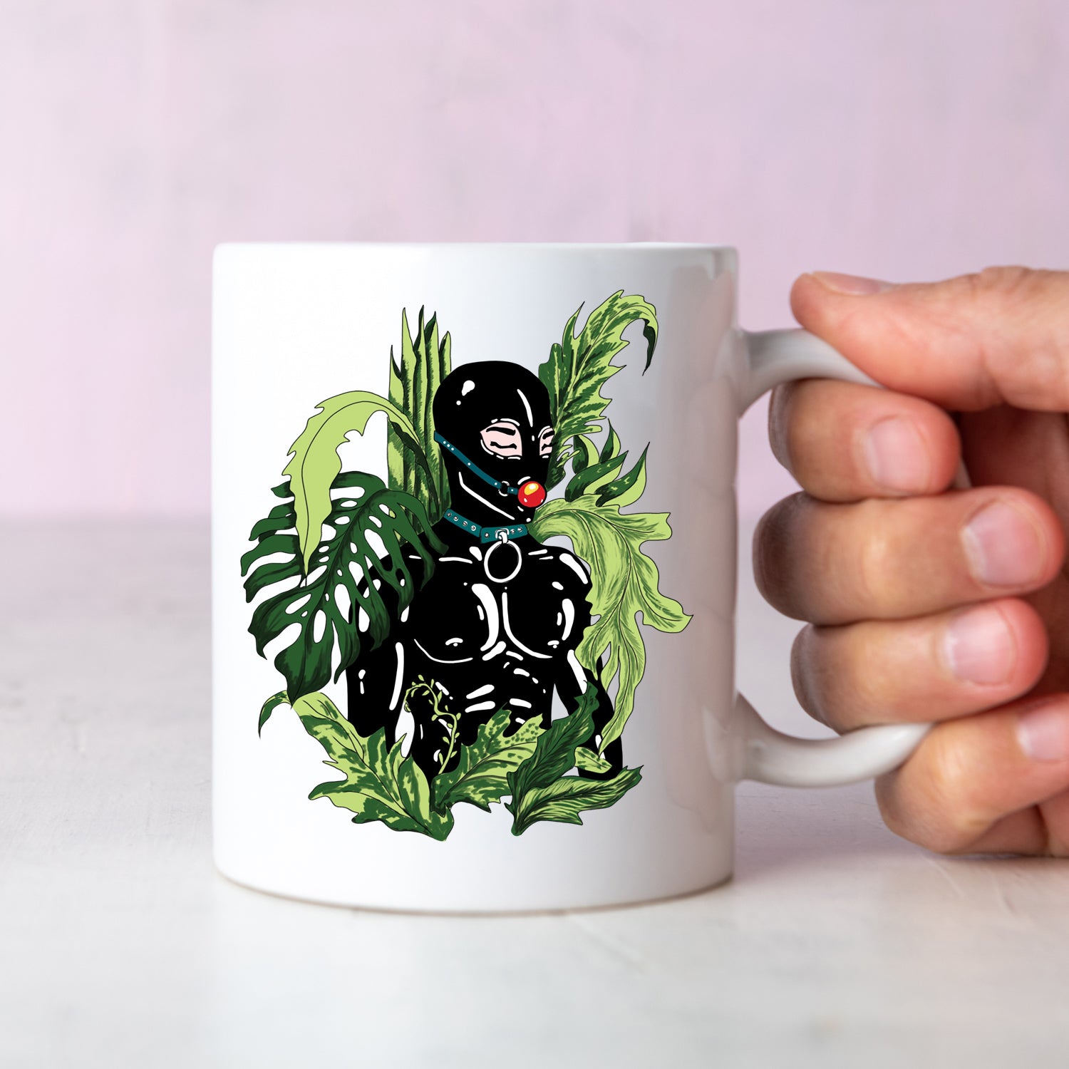 kinky plant lover dressed in latex suit surrounded by plants, sexy gay mug for a plant lover, hot latex fetish mug for a gift