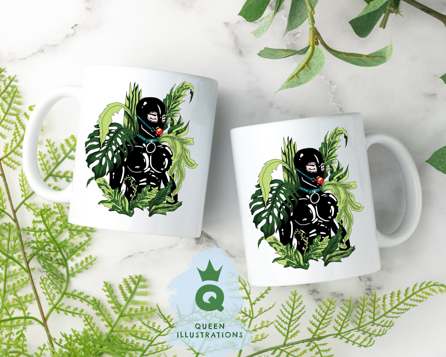 kinky plant lover dressed in latex suit surrounded by plants, sexy gay mug for a plant lover, hot latex fetish mug for a gift