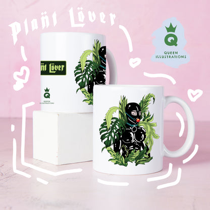 kinky plant lover dressed in latex suit surrounded by plants, sexy gay mug for a plant lover, hot latex fetish mug for a gift