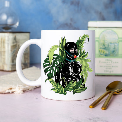 kinky plant lover dressed in latex suit surrounded by plants, sexy gay mug for a plant lover, hot latex fetish mug for a gift