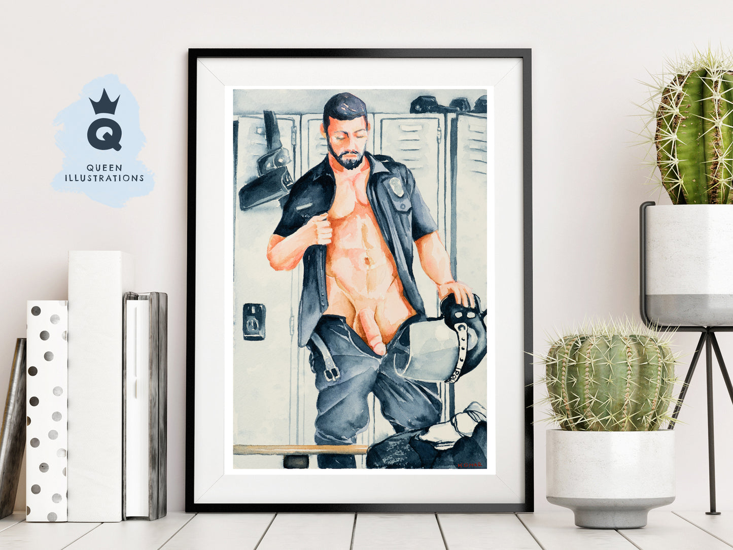 "POLICE LOCKER ROOM", watercolour painting - Homoerotic Art Print