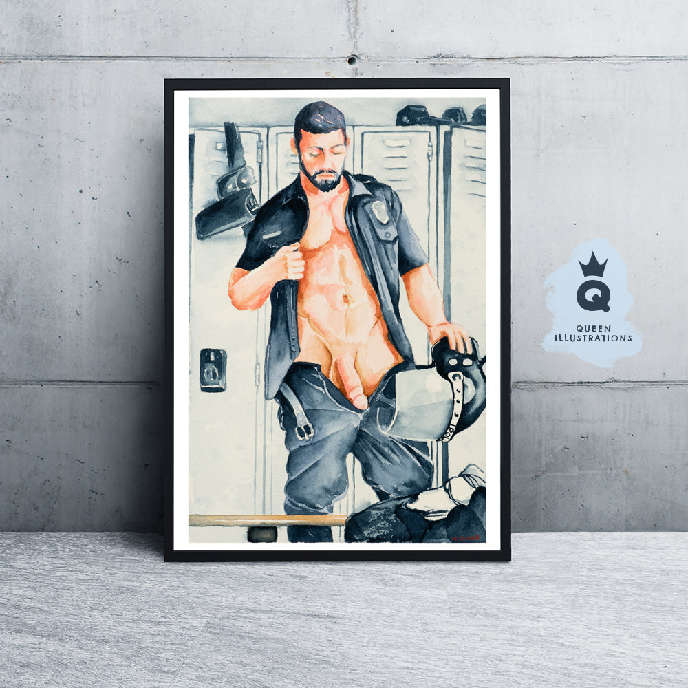 "POLICE LOCKER ROOM", watercolour painting - Homoerotic Art Print