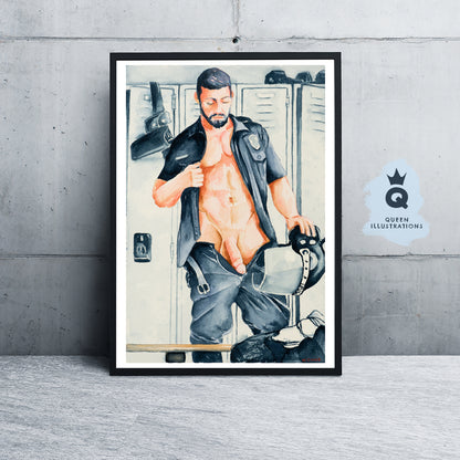 "POLICE LOCKER ROOM", watercolour painting - Homoerotic Art Print