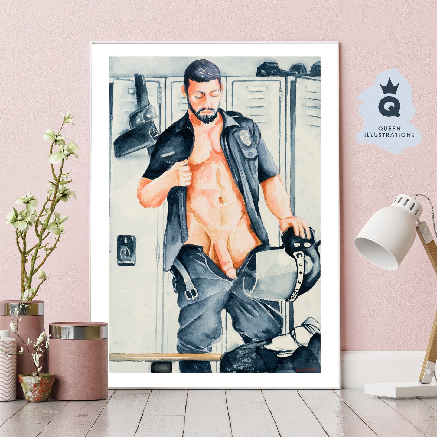 "POLICE LOCKER ROOM", watercolour painting - Homoerotic Art Print