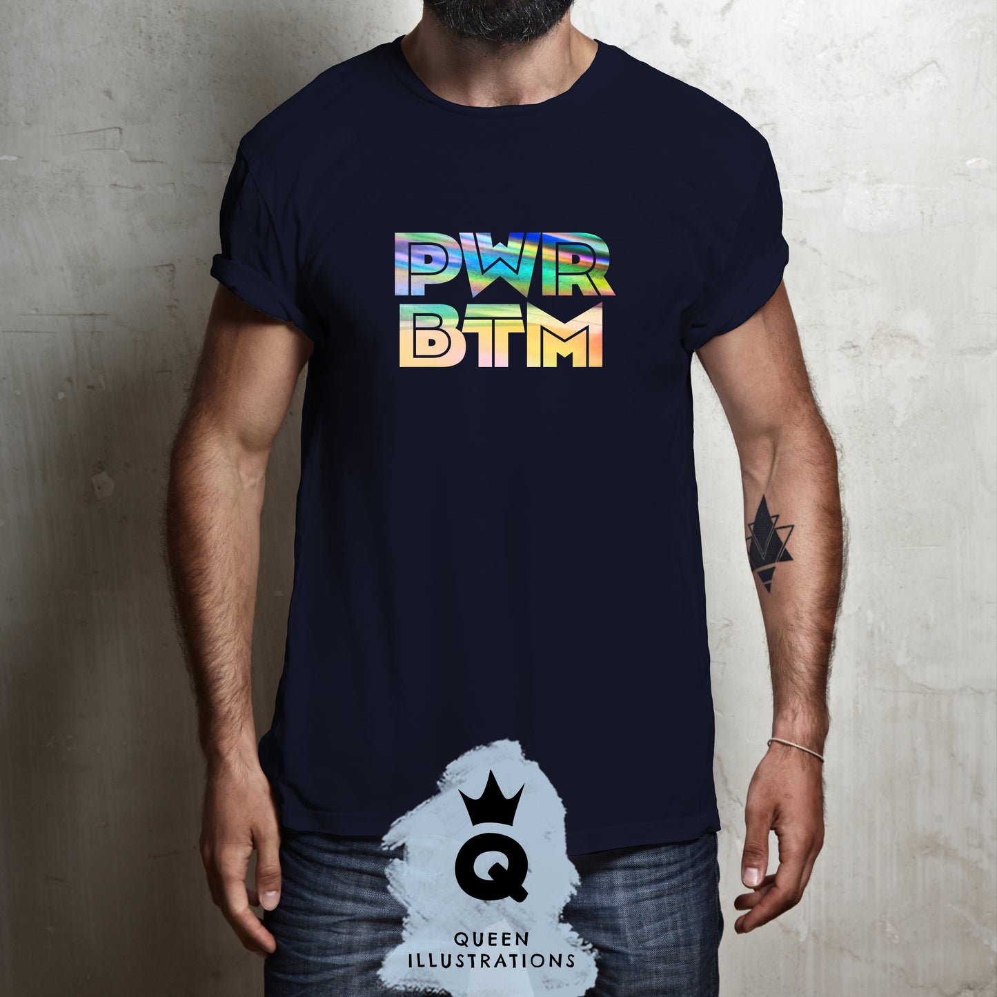 "PWR BTM" Power Bottom in midnight blue, gay T-shirt