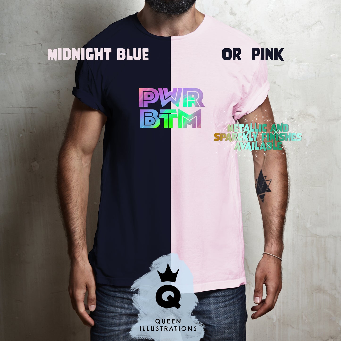 "PWR BTM" Power Bottom in midnight blue, gay T-shirt