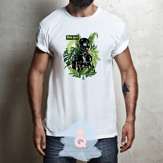 Pant daddy, plant parent, plant mama, kinky plant lover dressed in latex suit surrounded by plants, sexy gay T-Shirt for a plant lover, hot latex fetish T-Shirt for a gift