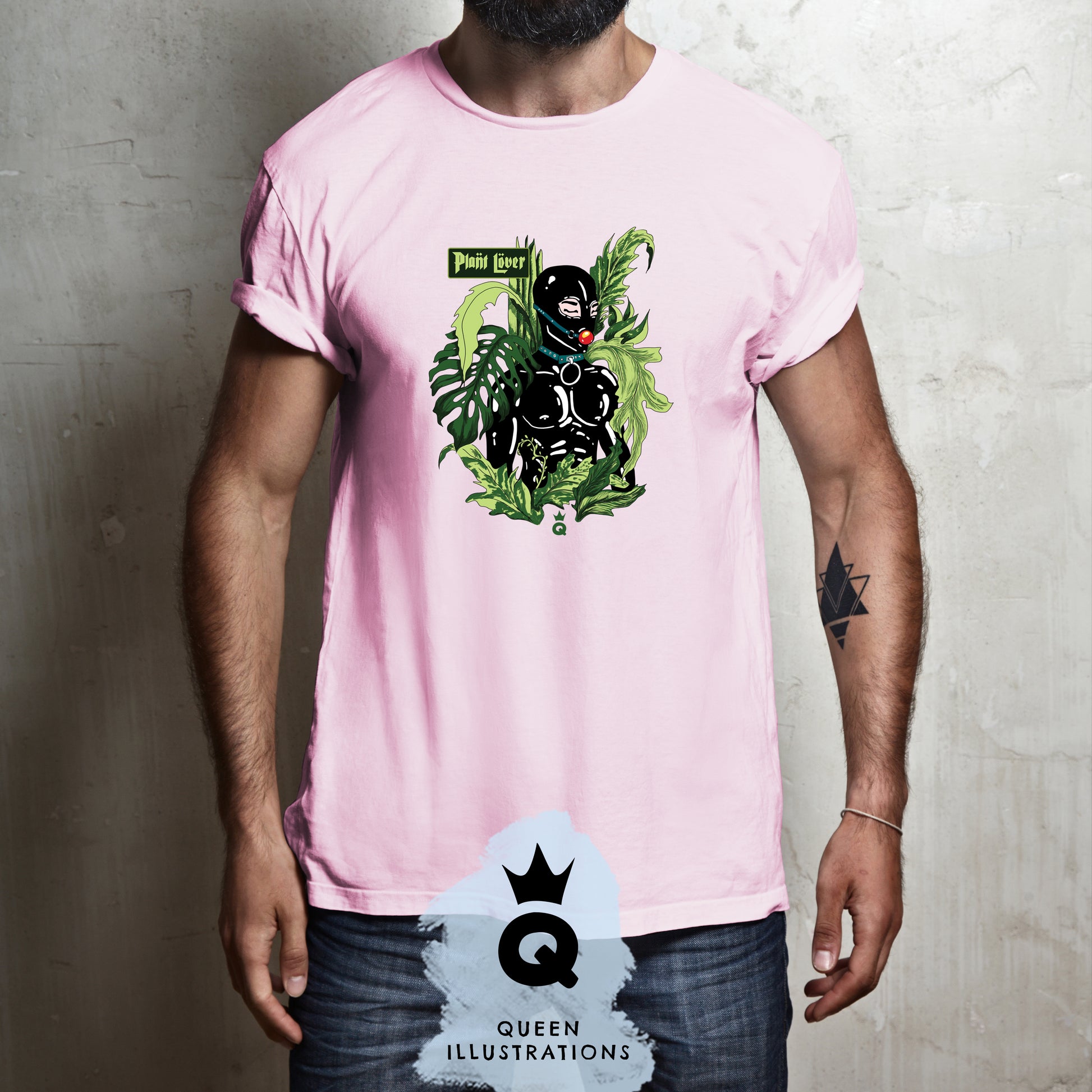 Pant daddy, plant parent, plant mama, kinky plant lover dressed in latex suit surrounded by plants, sexy gay T-Shirt for a plant lover, hot latex fetish T-Shirt for a gift