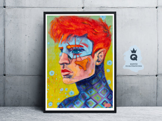 "RETRO GINGER" Romantic, fantasy portrait of a young ginger man with flowers and 70's pattern.