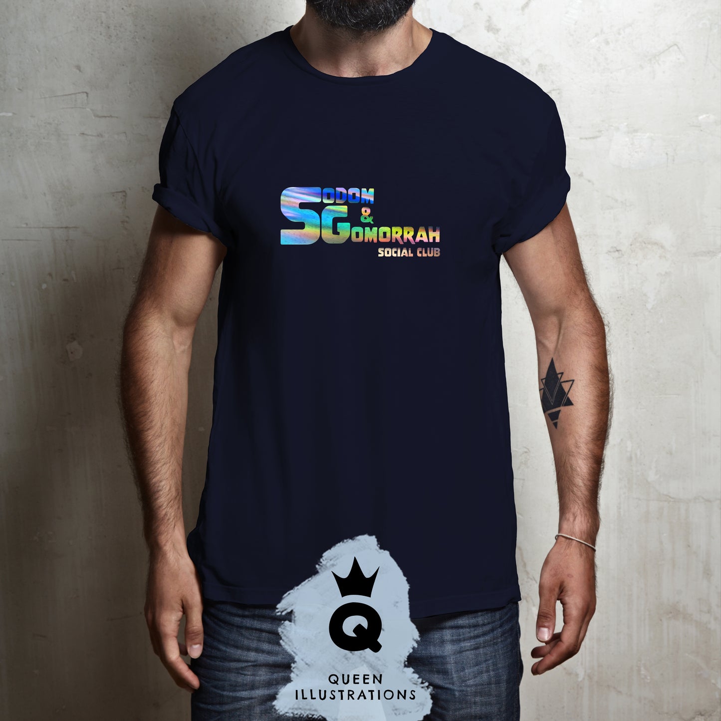 "SODOM AND GOMORRAH SOCIAL CLUB" in midnight blue, gay T-shirt