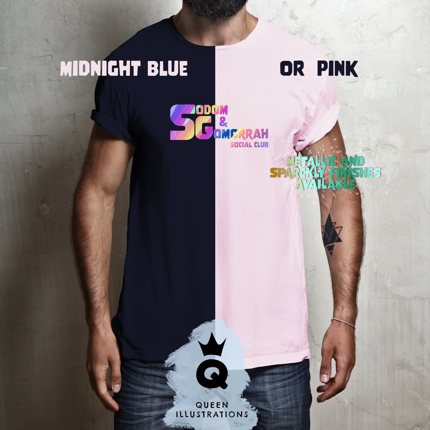 "SODOM AND GOMORRAH SOCIAL CLUB" in midnight blue, gay T-shirt