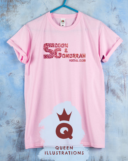 "SODOM AND GOMORRAH SOCIAL CLUB" in pink, gay T-shirt