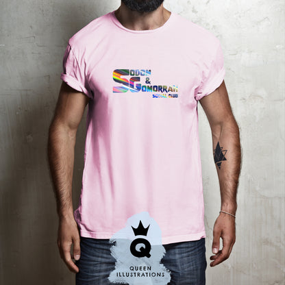 "SODOM AND GOMORRAH SOCIAL CLUB" in pink, gay T-shirt