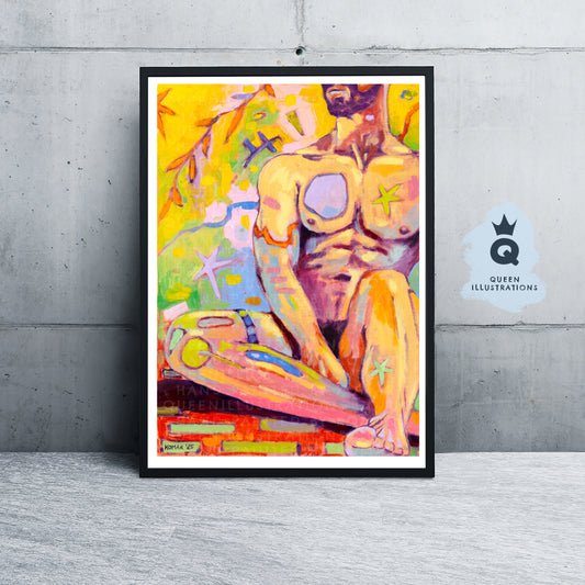 "SUMMER IN MY GARDEN", contemporary oil painting of a young naked man,