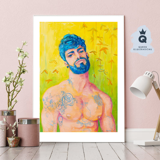 "YELLOW BAMBOO", contemporary oil painting of a young man with tattoos - Homoerotic Art Print (Copy) (Copy) (Copy)
