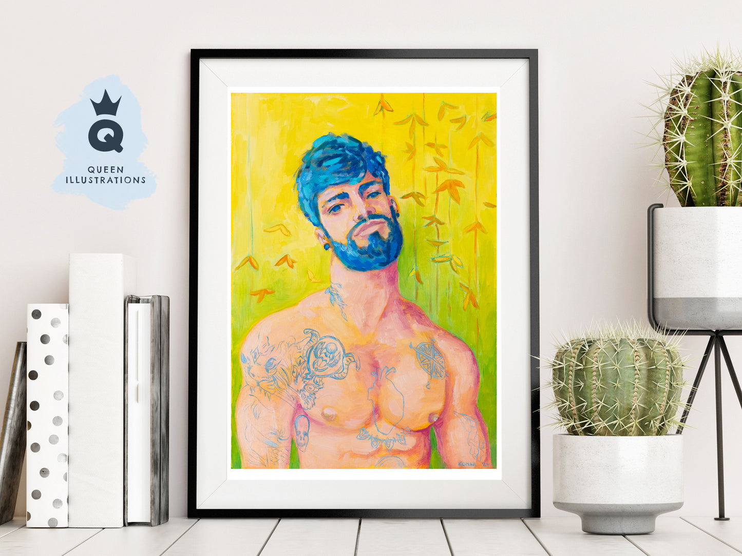 "YELLOW BAMBOO", contemporary oil painting of a young man with tattoos - Homoerotic Art Print (Copy) (Copy) (Copy)