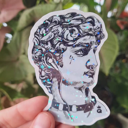 Michelangelo`s David holographic waterproof vinyl sticker, 8cm tall.