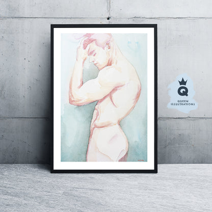 gay art, nude male body, watercolour painting, gay gift ideas,