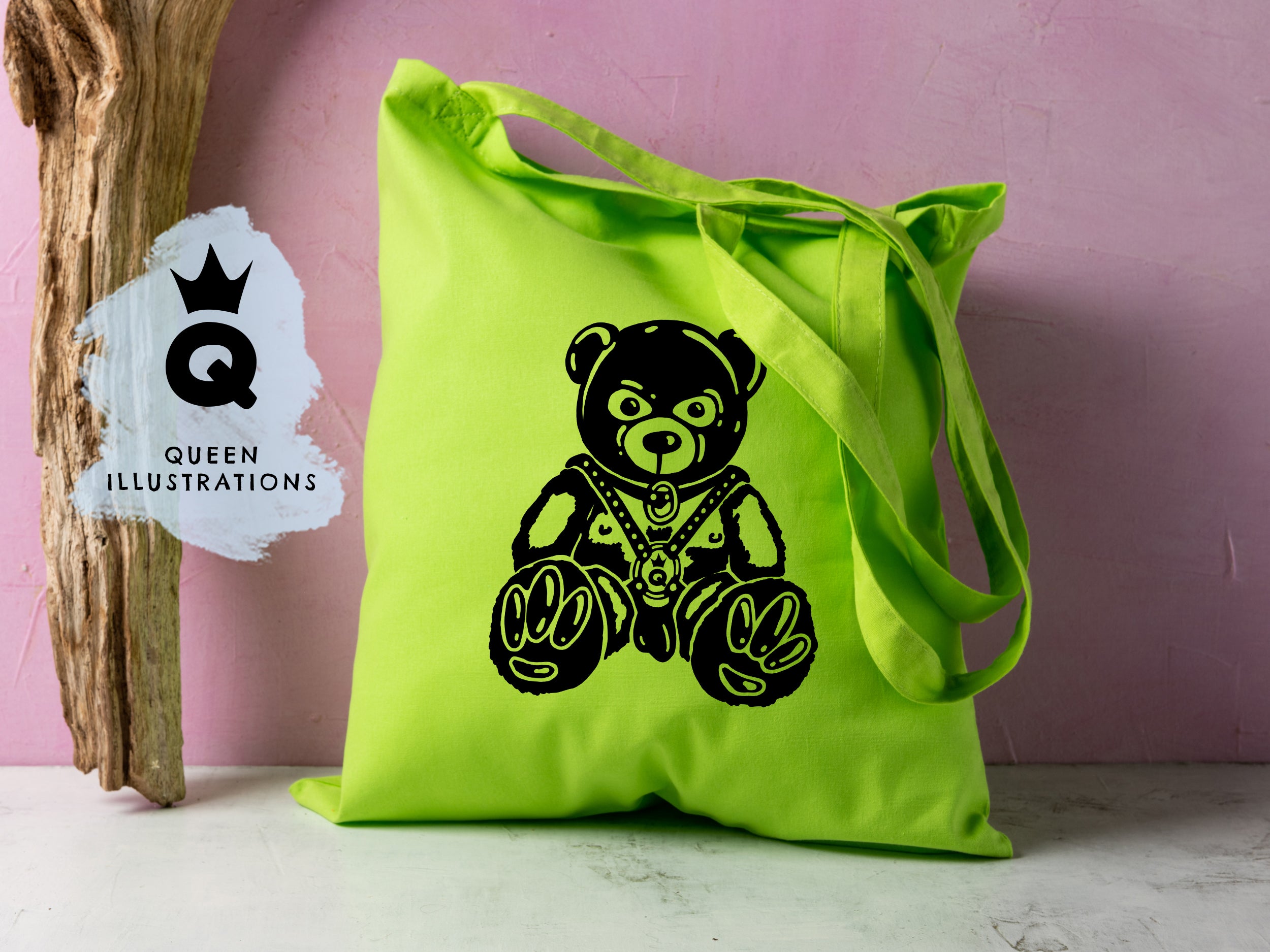 KINKY TEDDY BEAR TOTE BAG QUEEN ILLUSTRATIONS