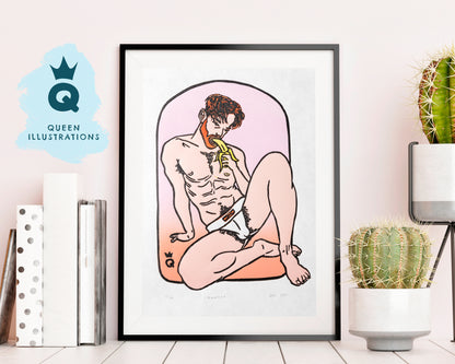 gay guys kissing. leather daddy, gay art, nude male body, traditional linocut print, gay gift ideas,