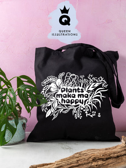 PLANTS MAKE ME HAPPY TOTE BAG, cute statement bag with plants, cotton tote bags for plant lovers