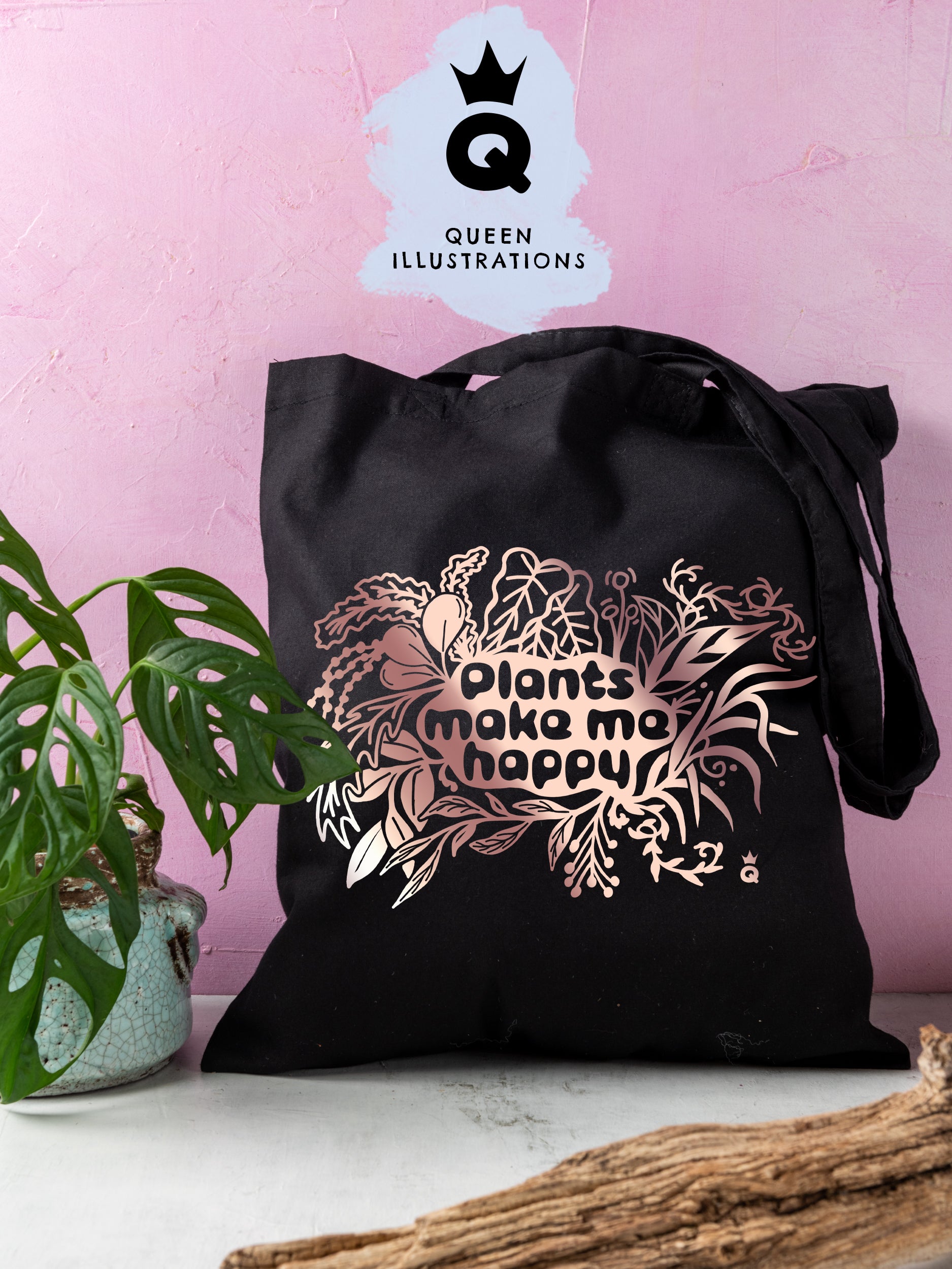 PLANTS MAKE ME HAPPY TOTE BAG, cute statement bag with plants, cotton tote bags for plant lovers