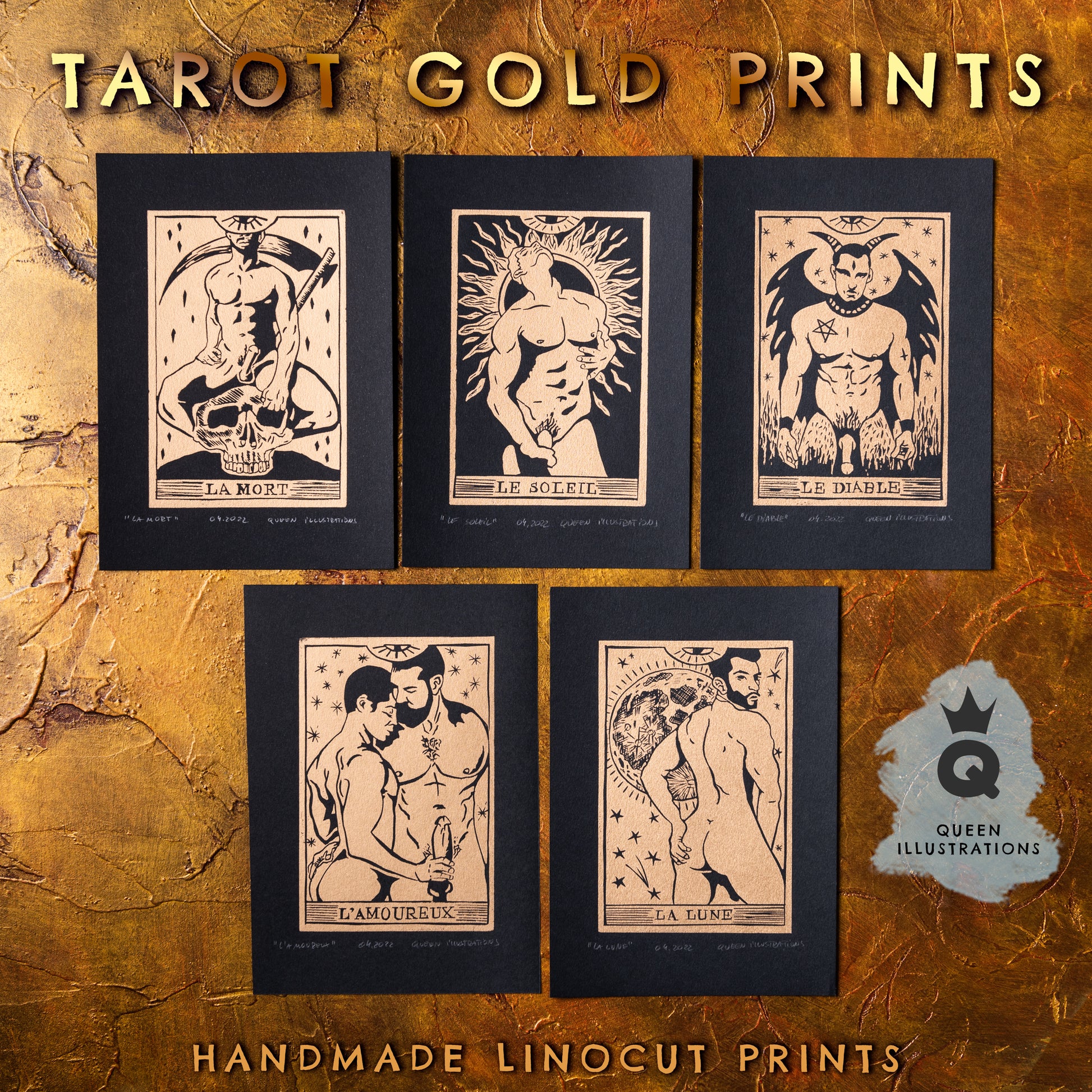 GAY TAROT homoerotic Linocut Print, – QUEEN ILLUSTRATIONS